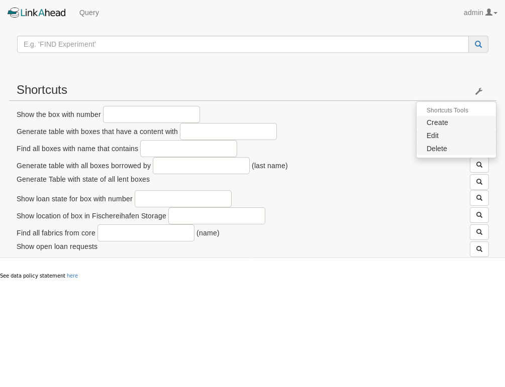 Shortcuts in the query panel. There is a toolbox for editing shortcuts in the top right.